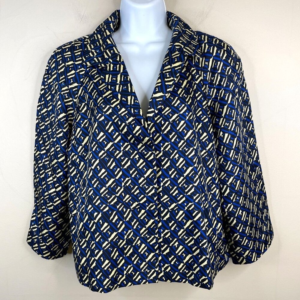 Jones New York Abstract Artsy Silk Blazer Womens 10 Cobalt Career Business Chic